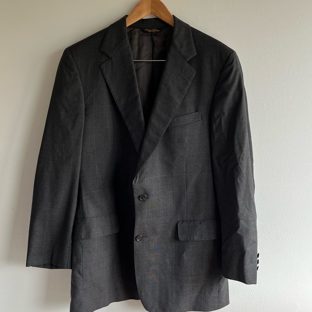 Brooks Brothers Men’s Two Button Suit Coat 100% Wool Gray Plaid Lined 41x35 L